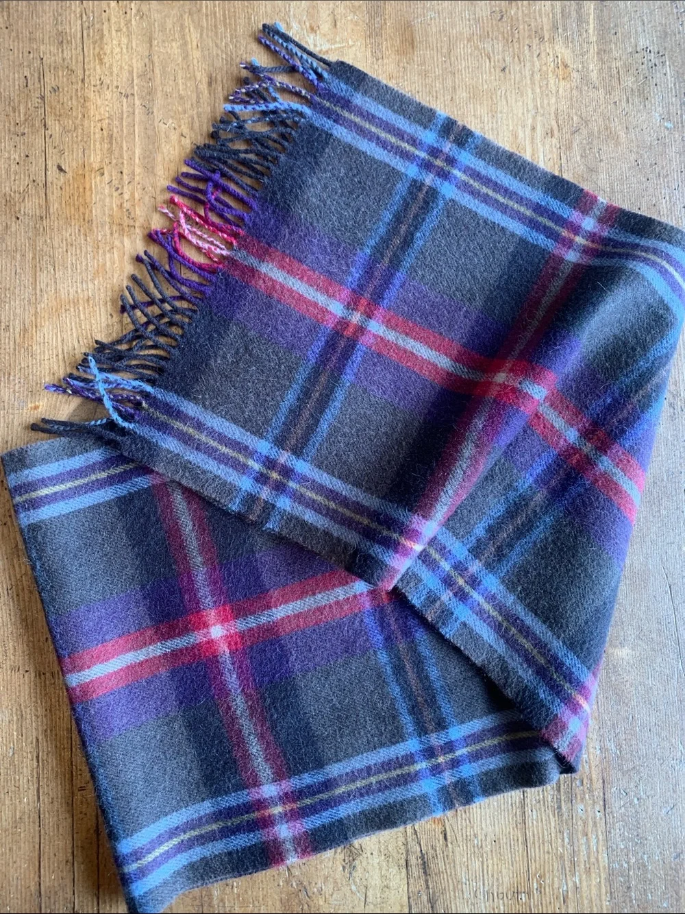 Mountain Horse Wool Blend Plaid Fringe Wool Blend Scarf in Gray, Purple & Red
